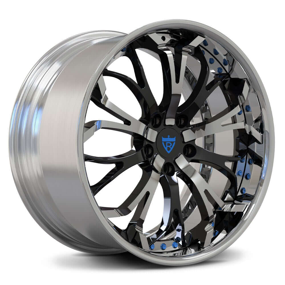 Custom forged 2-piece wheel with black and chrome finish, designed for corvette c8 and deep lip rims.