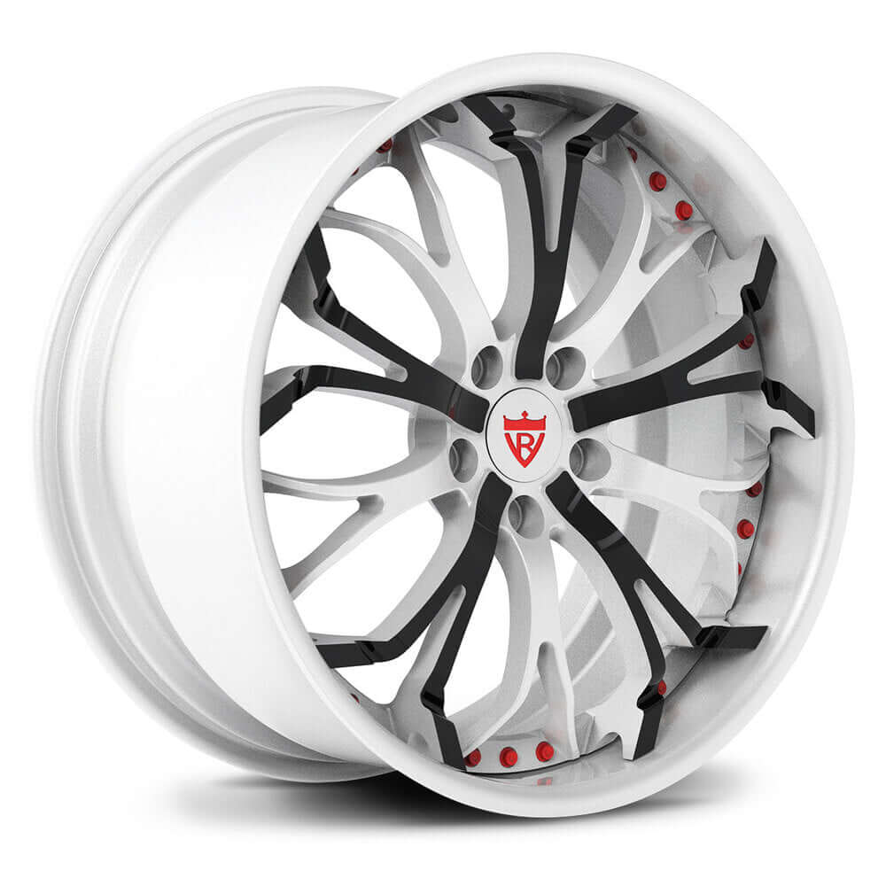 Custom forged 2-piece wheels in white and black, designed for superior performance and unique style.