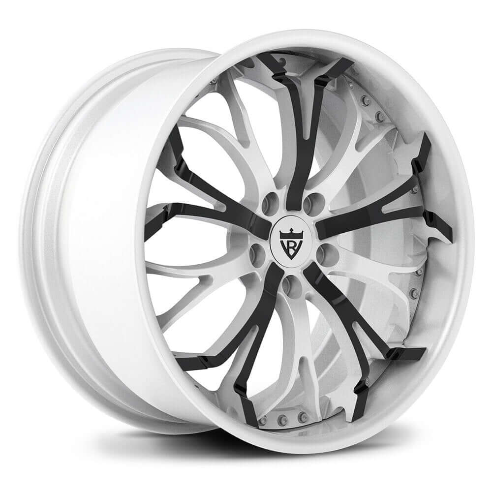 Custom forged 2-piece wheel design in white and black for corvette C8, showcasing deep lip rims and high performance.
