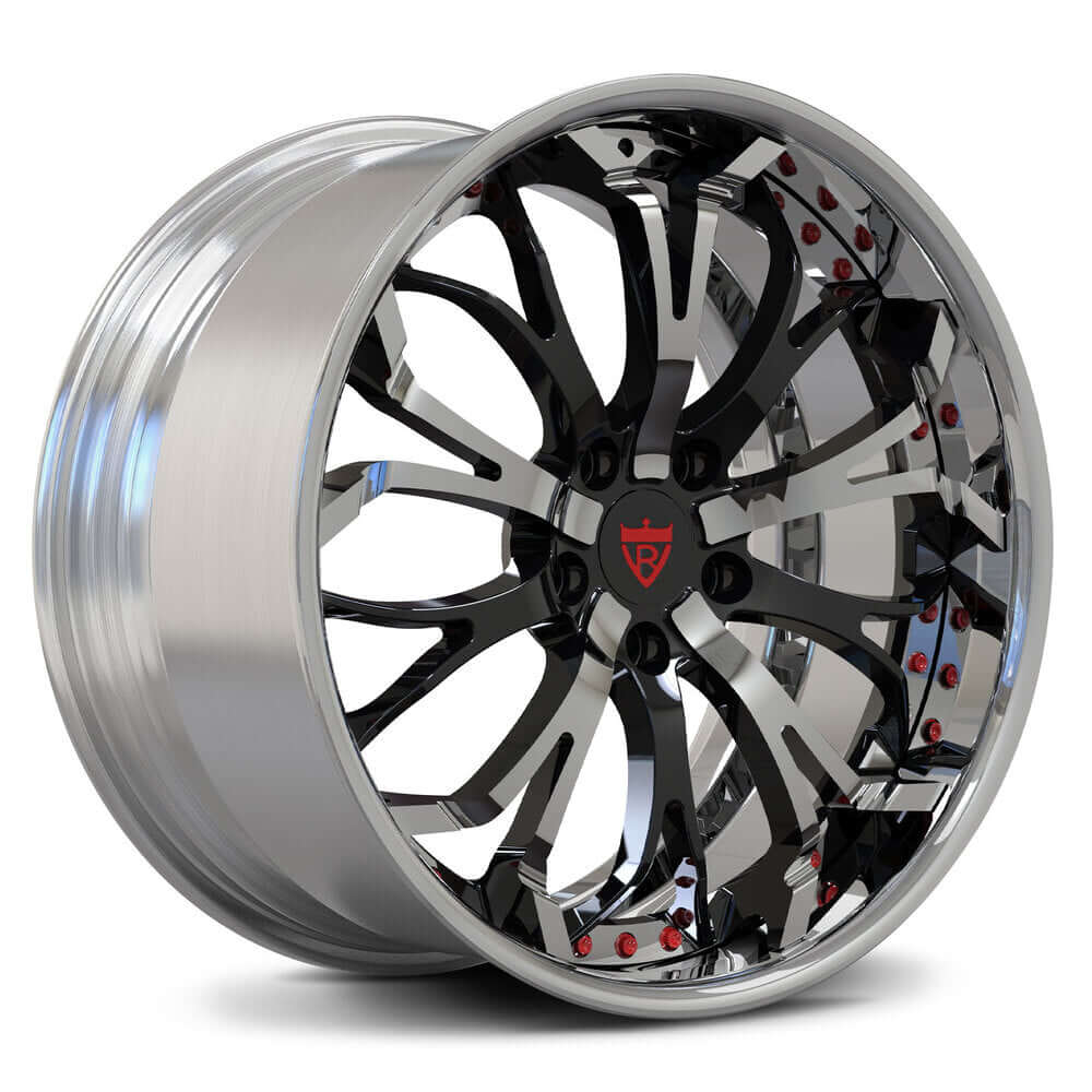 Custom forged 2-piece wheel with a sleek chrome finish and deep black accents, ideal for Corvette C8 applications.