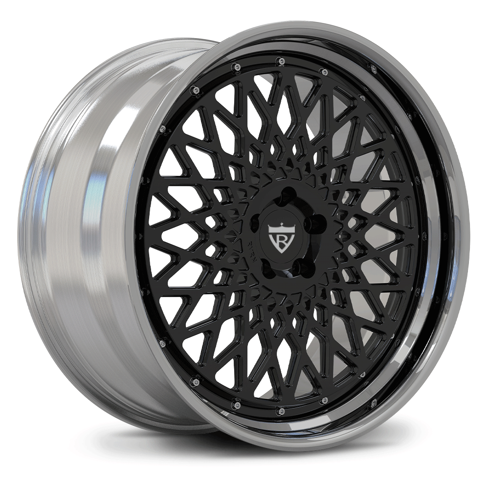 Custom forged 2-piece wheels with a deep lip design, showcasing black and polished aluminum finish, ideal for custom Mercedes Benz vehicles.