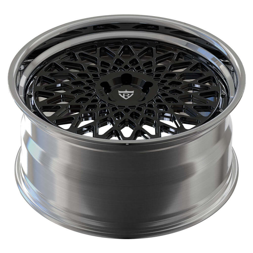 Custom forged 2-piece wheel design with a deep lip, featuring a black intricate mesh and polished finish, ideal for high-performance vehicles.