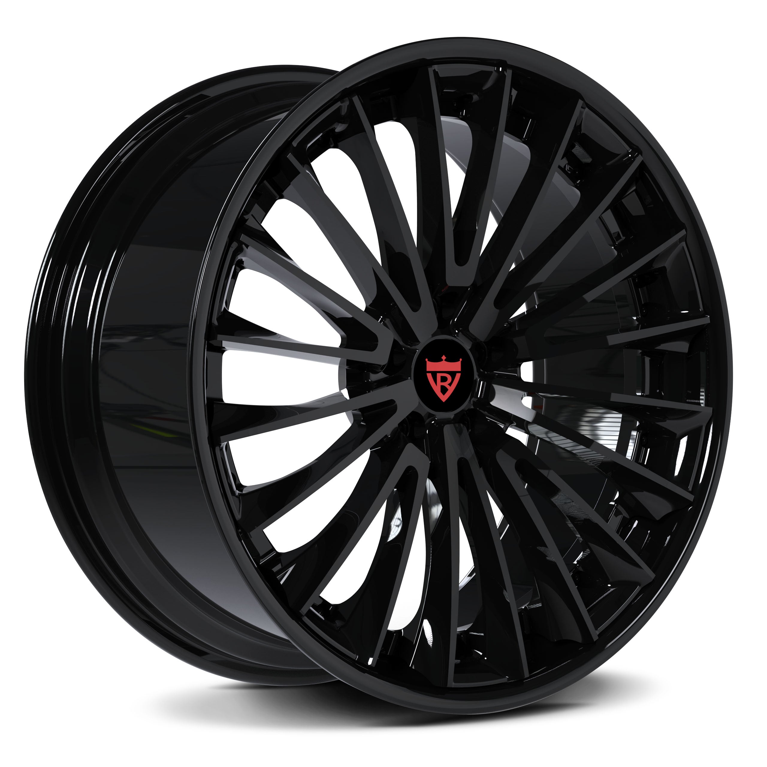 Custom forged 2 piece wheel in sleek black finish, ideal for Mercedes-Benz, Cadillac, Ford Mustang and more.