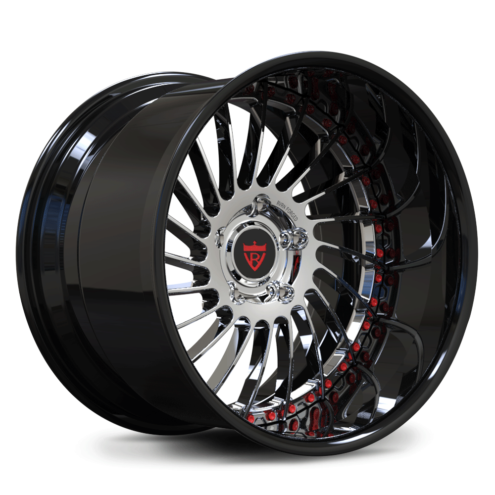 Custom forged 2-piece deep lip wheel, black finish, designed for high performance and aesthetics, ideal for deep dish rim enthusiasts.