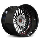 Custom forged 2-piece deep lip wheel, black finish, designed for high performance and aesthetics, ideal for deep dish rim enthusiasts.