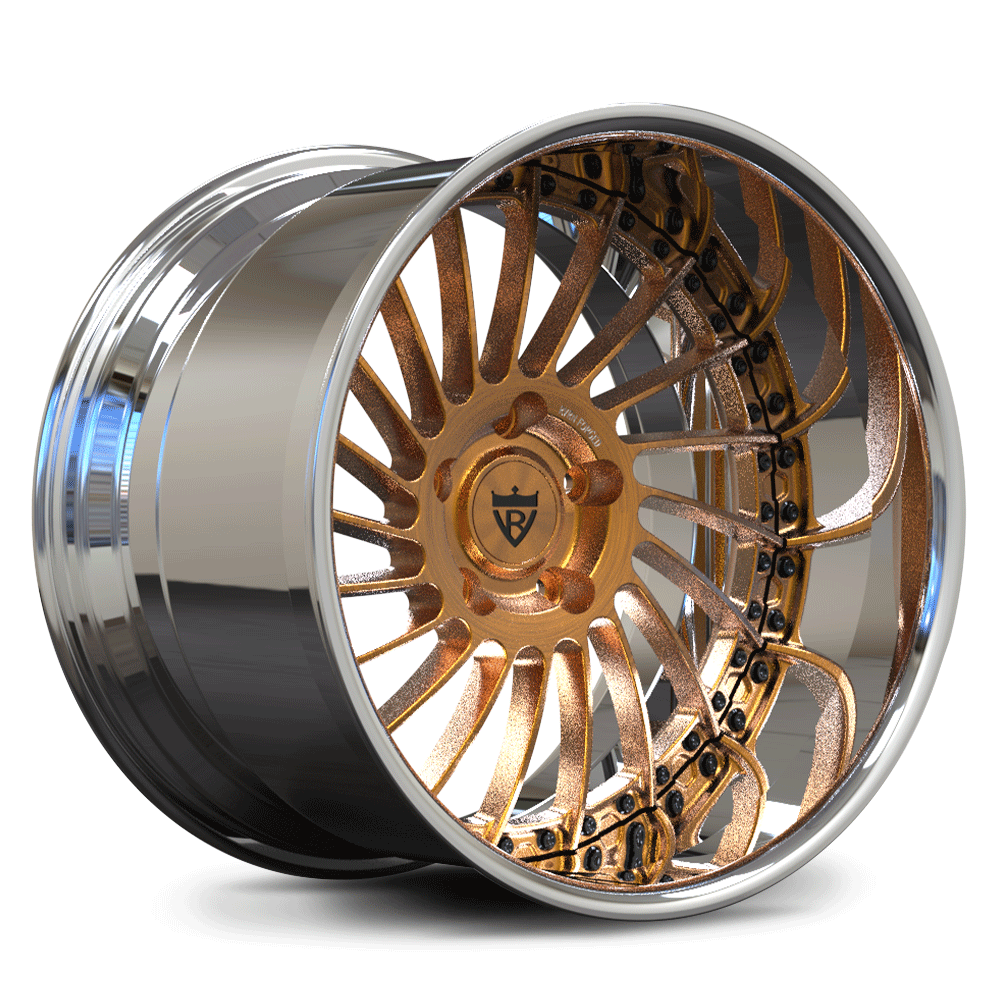 Custom forged 2-piece deep lip wheels in a gold finish, showcasing intricate design, perfect for deep dish rim enthusiasts.