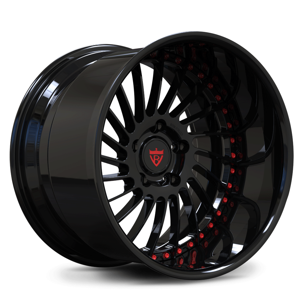 CUSTOM FORGED 2-PIECE DEEP LIP WHEEL in black finish, featuring intricate spoke design and deep dish rim. Perfect for custom vehicles.
