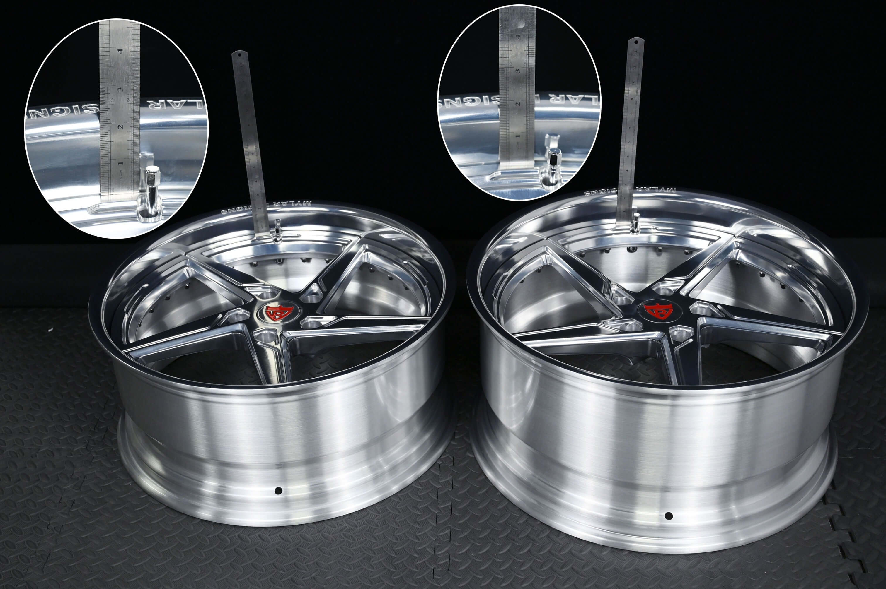 Custom forged Porsche Cayman wheels showcasing 5 spoke deep lip rims with precision measurement tools for fitment assessment.