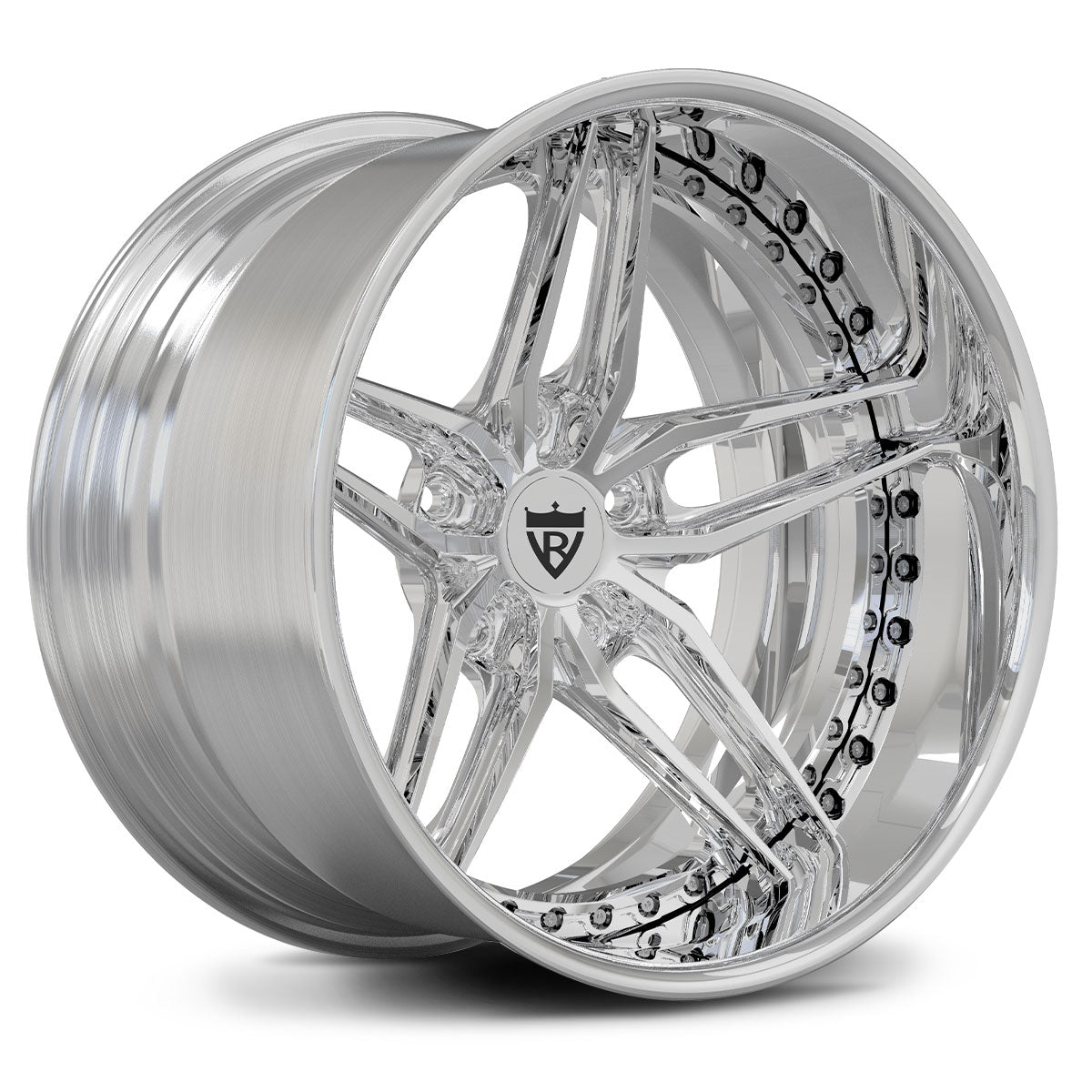 Shiny Chrome rims for your Corvette C5 with a classic 5 spoke and deep dish style, RVRN custom forged 2-piece series