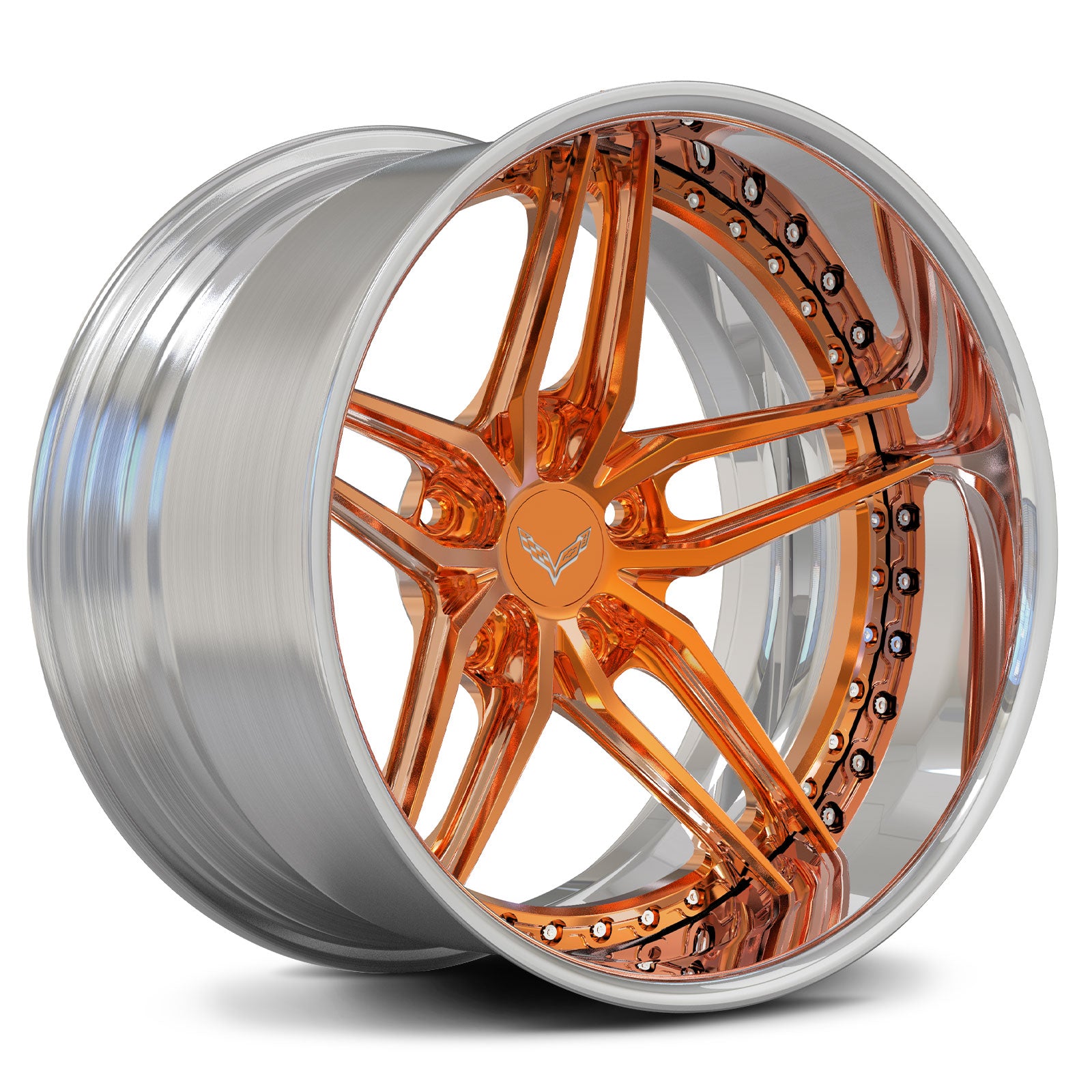 Corvette C5 Orange and Chrome wheels, RVRN custom forged deep dish wheels series RV-DP03