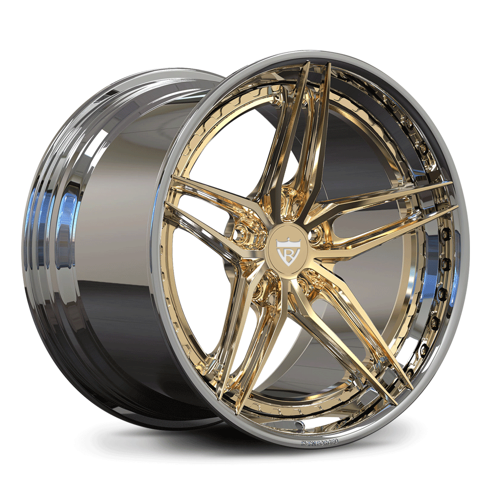 Custom forged 2-piece 5 spoke wheels in gold and chrome finish designed for vehicles like Corvettes.