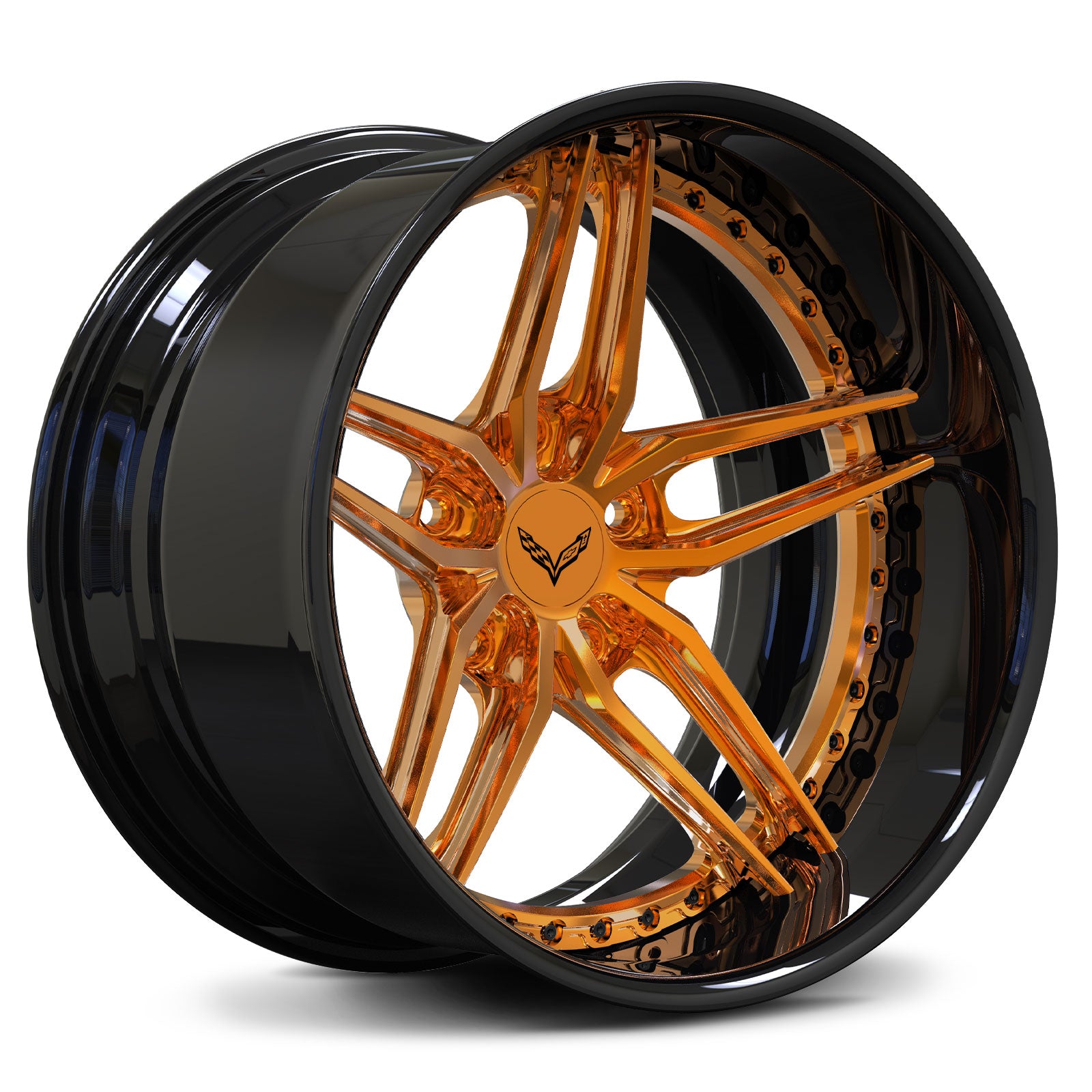 Corvette C5 aftermarket wheels with Orange and black color, size from 17inch, 18inch, 20inch to 26inch, a sleek deep dish style.