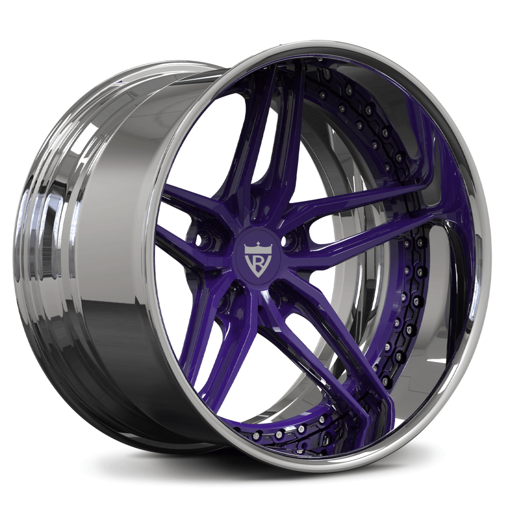C5 Corvette 18" 5 spoke wheel in purple finish, deep dish rims, custom forged by RVRN Wheels, purple and chrome wheels
