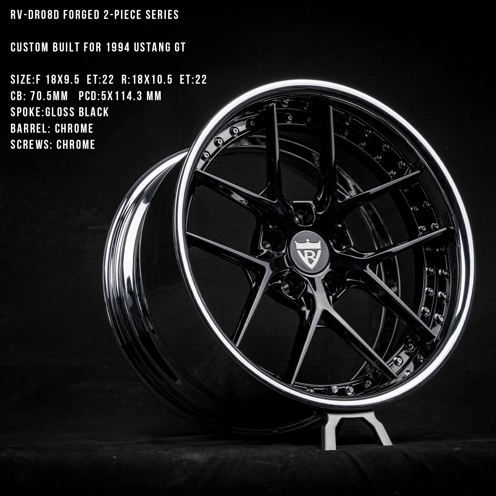 Custom forged deep dish wheels for 1994 Mustang GT, glossy black spokes, chrome barrel, 18x9.5 size, extreme concave design- RV-DR08D