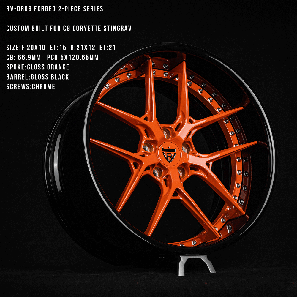 Custom 2-piece forged wheel RV-DR08 for C8 Corvette Stingray with gloss orange spokes and black barrel.