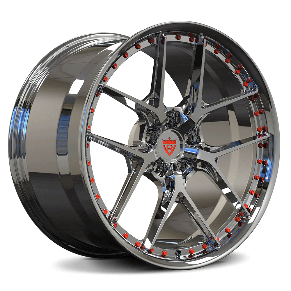 Custom forged monoblock wheel RV-DR08 in chrome finish with red accents, suitable for Shelby GT500 rims and various vehicle applications.