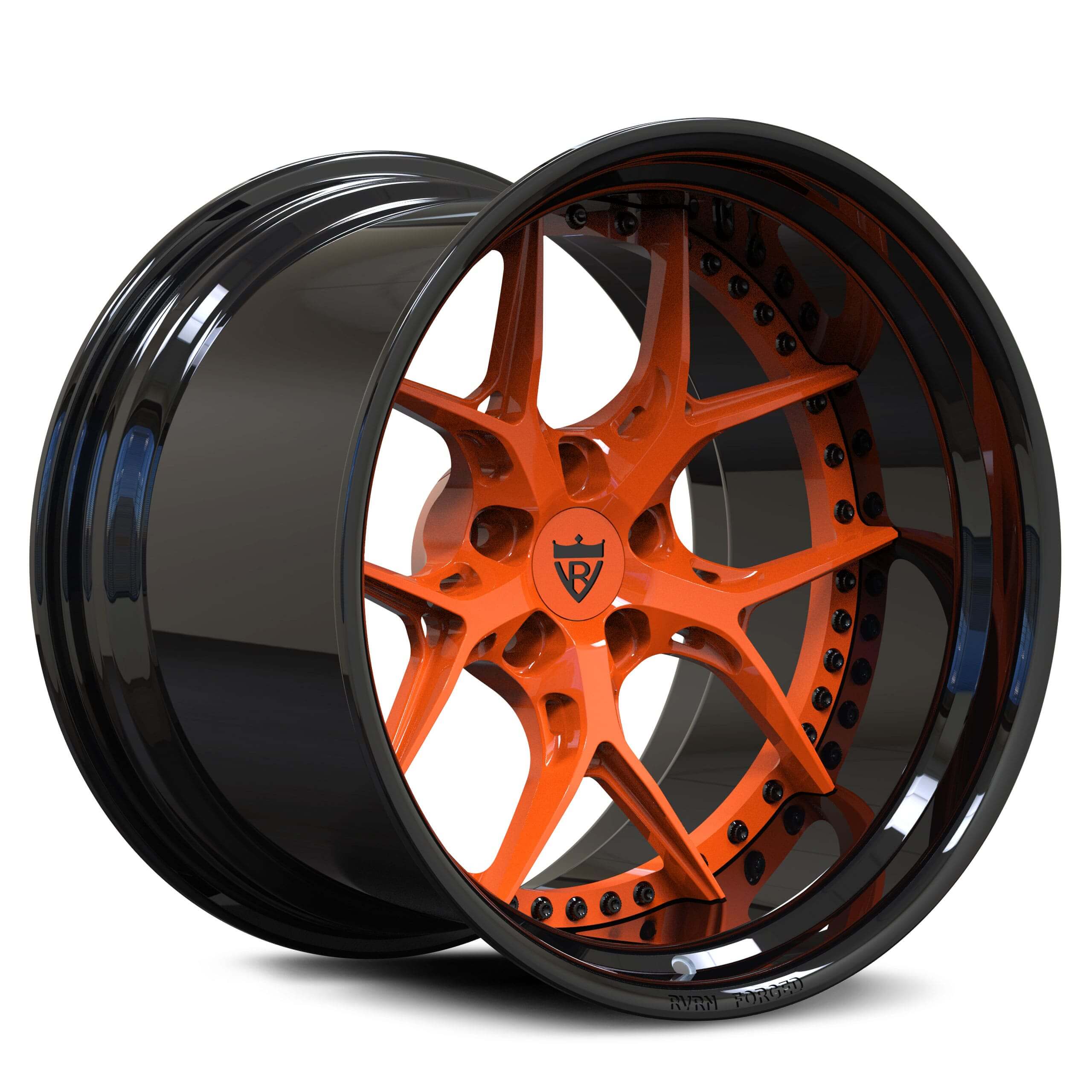 Close-up of custom deep dish rims for 1970 Dodge Charger, orange and black wheels