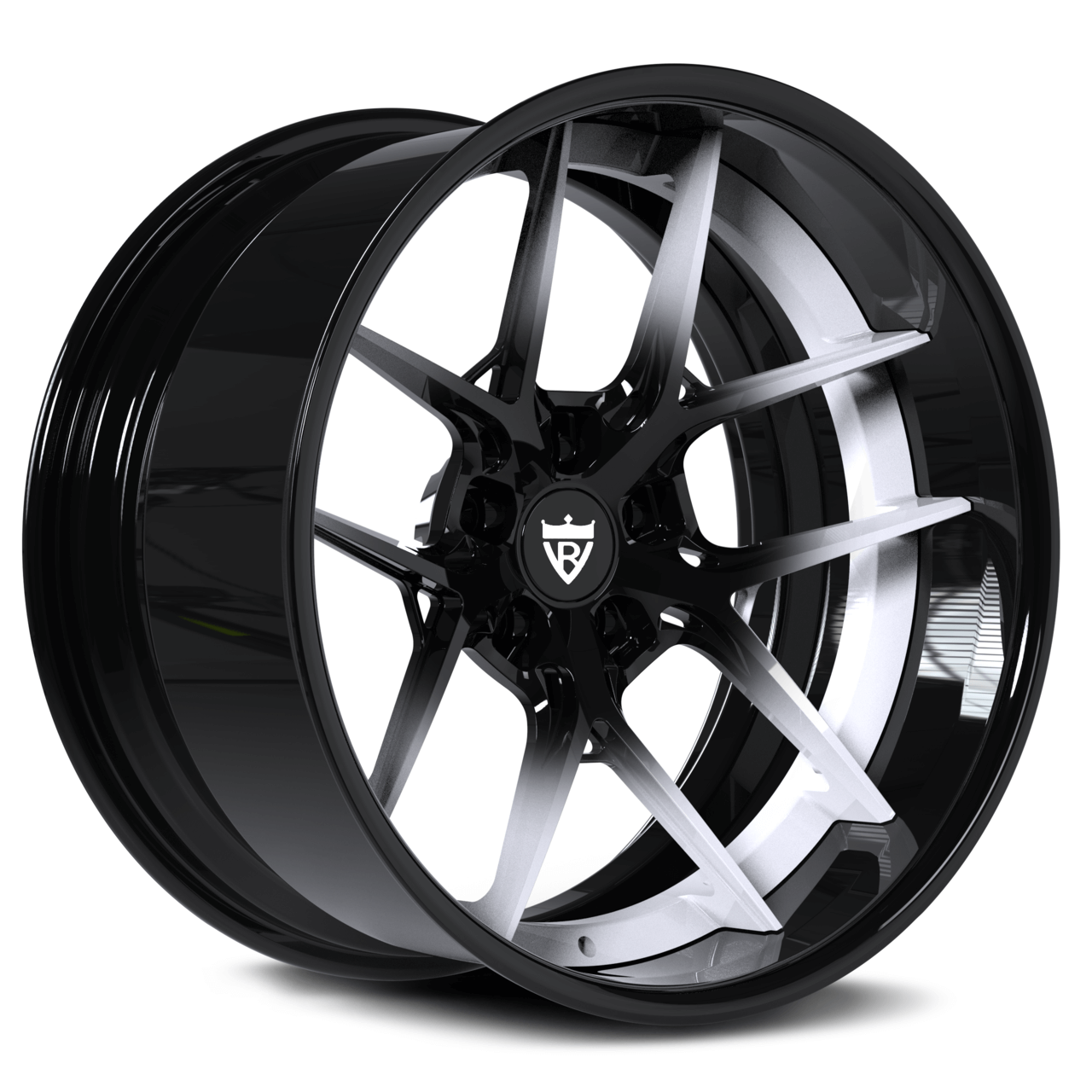 Custom 2-piece forged RV-DR08D wheels with hidden screws for Dodge Challenger Hellcat in black and white finish by RVRN Wheels