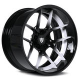 Custom 2-piece forged RV-DR08D wheels with hidden screws for Dodge Challenger Hellcat in black and white finish by RVRN Wheels