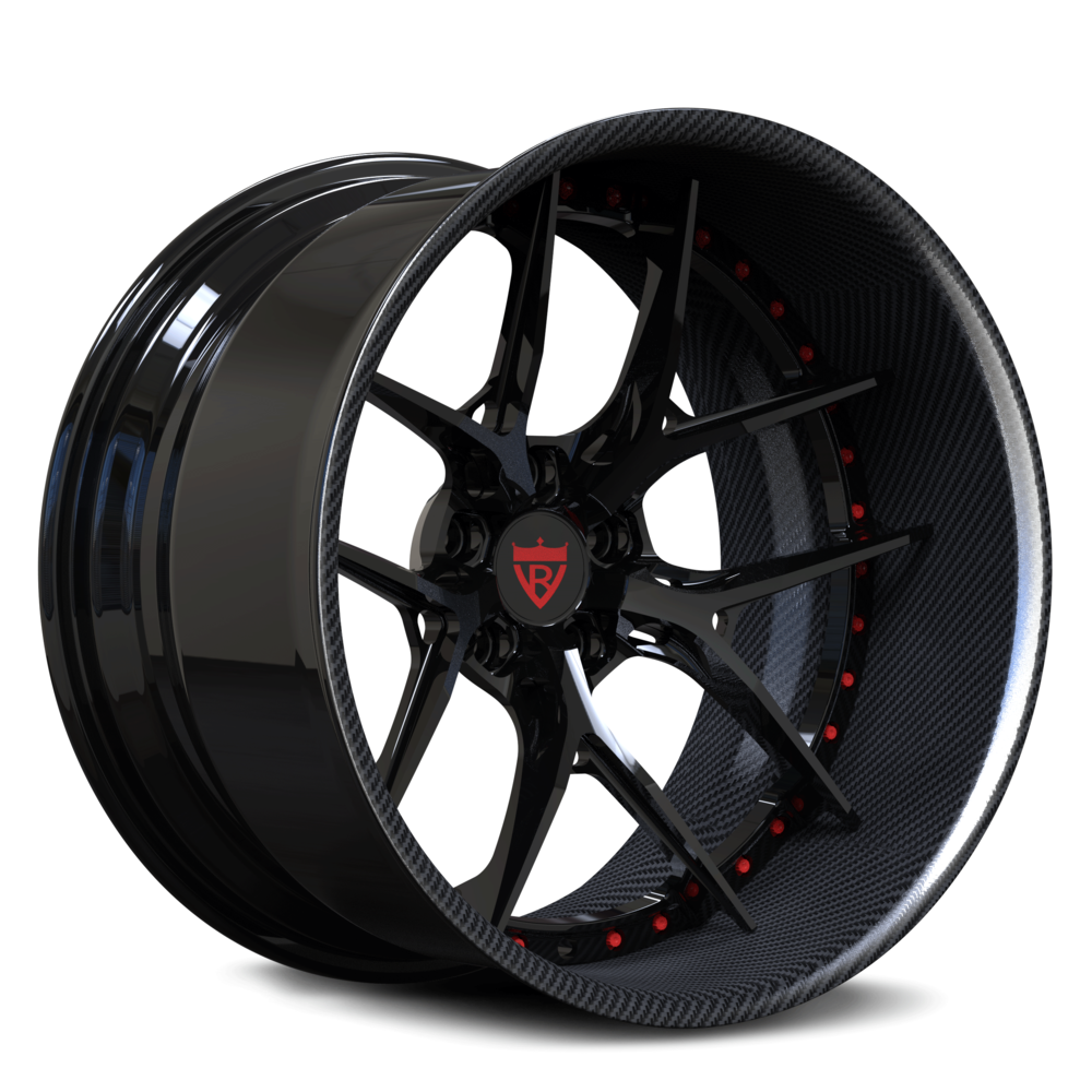 Black spoke, carbon fiber wrapped deep lip wheels RV-DR08D 2-piece forged construction