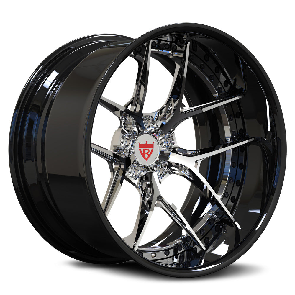 Close-up of RVRN RV-DR08D forged black wheels – concave and deep dish design