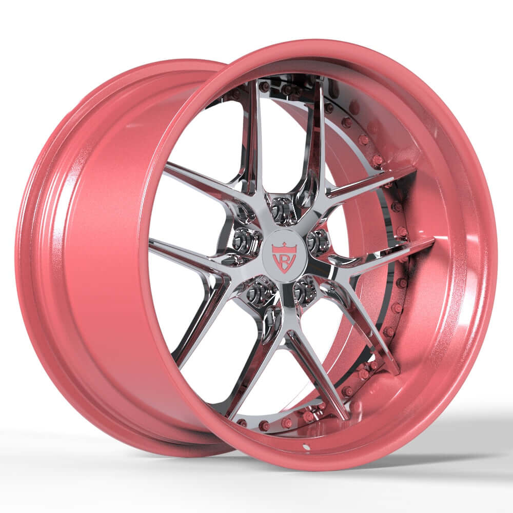 Custom forged 2-piece pink and chrome wheel showcasing deep dish design and stylish finish.