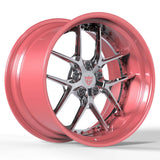 Custom forged 2-piece pink and chrome wheel showcasing deep dish design and stylish finish.