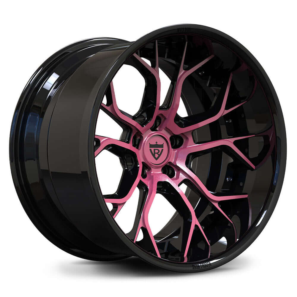 Custom forged pink and black wheels, deep dish RV-DR16 design, perfect for Dodge Charger rims and unique vehicle applications.