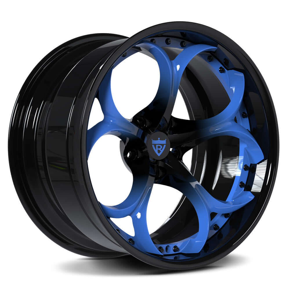 Custom forged wheel with black finish and blue accents, designed for Corvette and other applications.