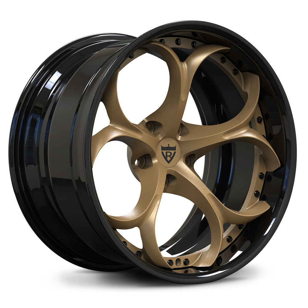 Custom forged 2 piece wheel in black and gold finish, compatible with Alfa Romeo Giulia aftermarket needs.
