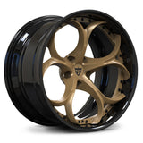 Custom forged 2 piece wheel in black and gold finish, compatible with Alfa Romeo Giulia aftermarket needs.