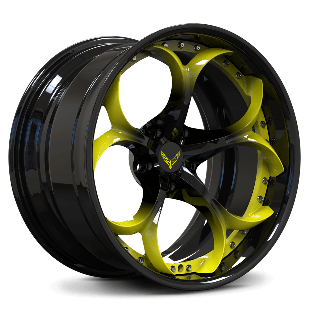 Custom forged 2-piece wheels featuring black and yellow design, ideal for Corvette C8 aftermarket rims.
