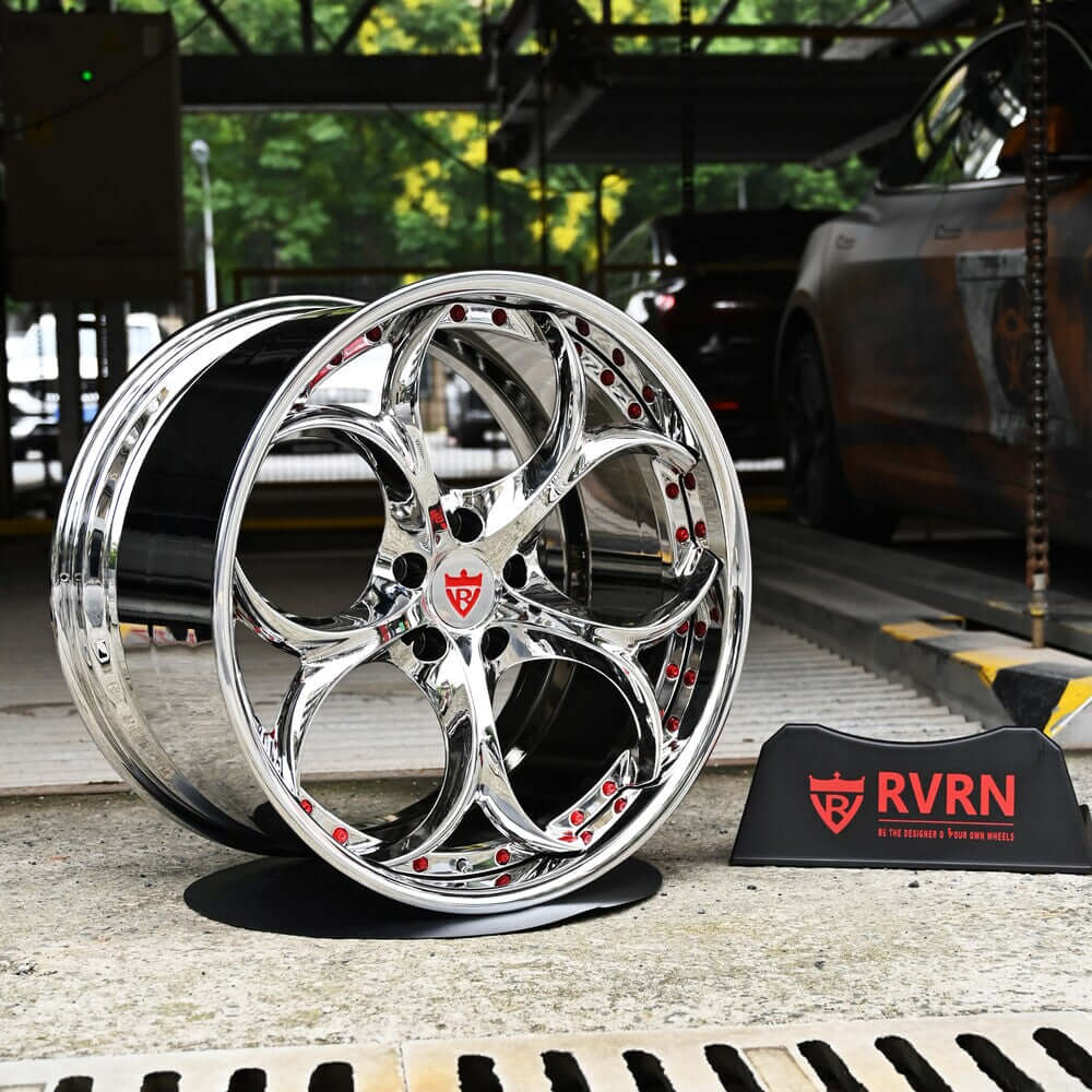 Custom forged 2 piece wheels with chrome finish, showcasing unique design and engineering, ideal for Corvette C8 aftermarket upgrades.