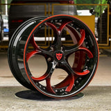 Custom black and red 5-spoke forged wheels designed for Corvette C8 aftermarket rims.