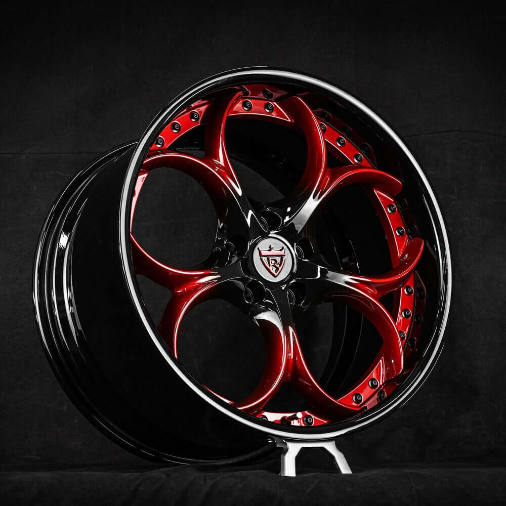 Custom forged RV-DS016 wheel in black and red finish, suitable for Corvette C8 aftermarket applications.