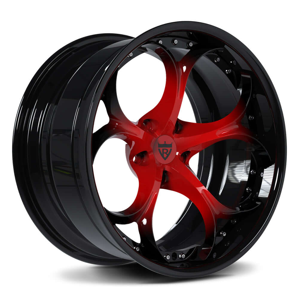 Custom forged 2 piece wheels with red and black finish, designed for Corvette and other vehicles, enhancing style and performance.