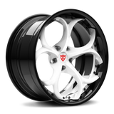 Custom 2-piece forged wheel in black and white, designed for Alfa Romeo Giulia and aftermarket rims.