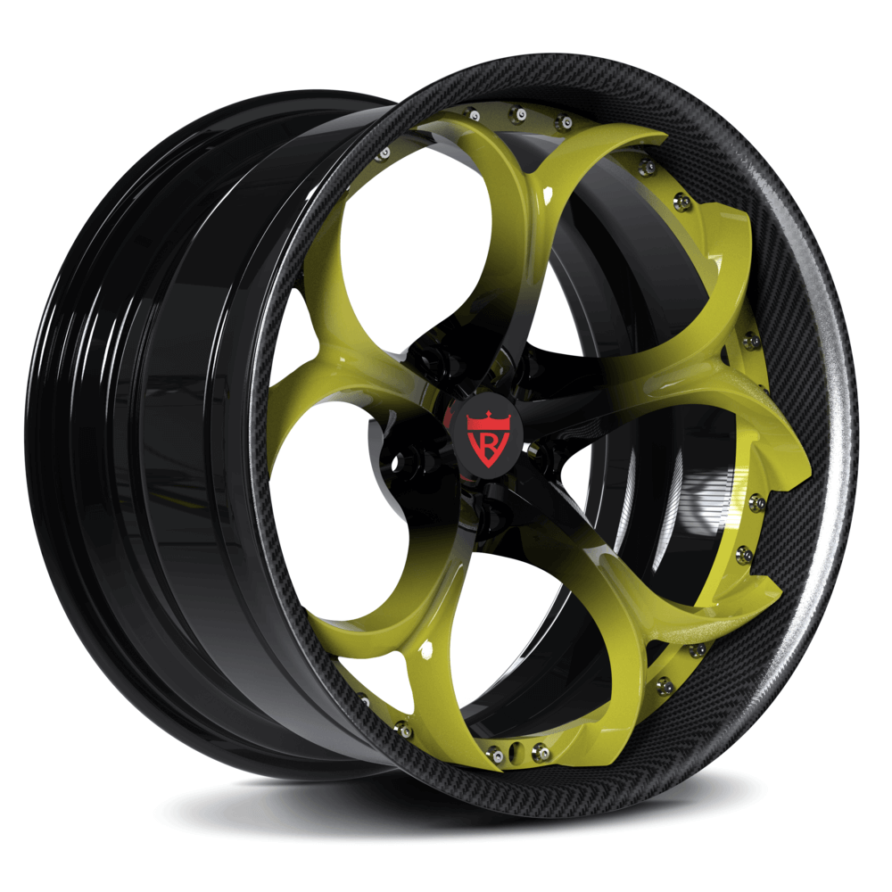 Custom forged wheel with a black and green design, ideal for Corvette C8 aftermarket rims.