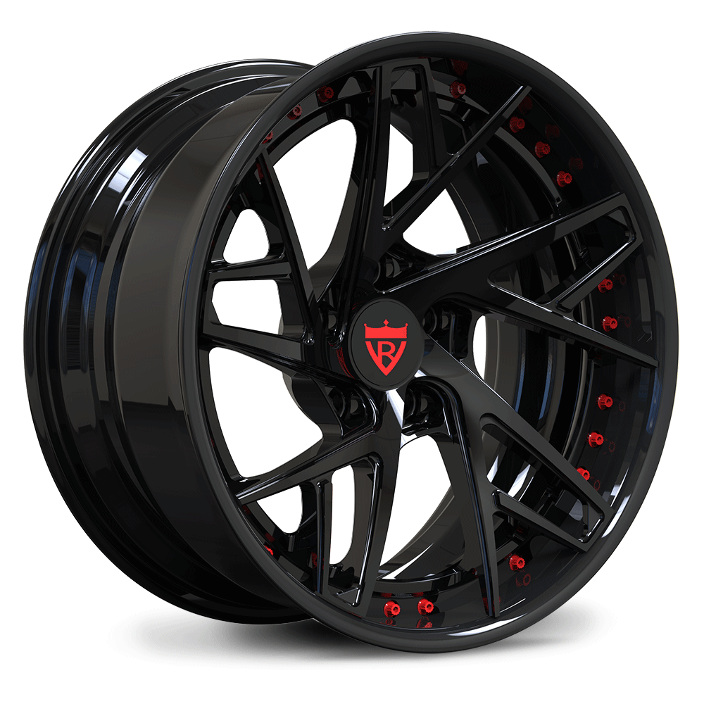 Custom forged black wheels with red accents, ideal for Corvette C8 aftermarket rims and concave wheel designs.