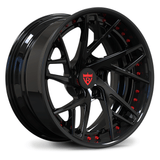 Custom forged black wheels with red accents, ideal for Corvette C8 aftermarket rims and concave wheel designs.