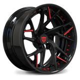 Custom forged 2-piece black wheels with red accents, designed for Corvette C8 and aftermarket applications.