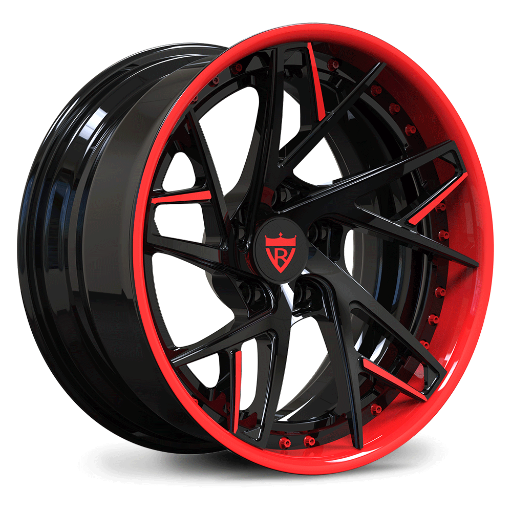 Custom forged 2-piece wheels with a black and red finish, designed for Corvette C8 and other vehicles.