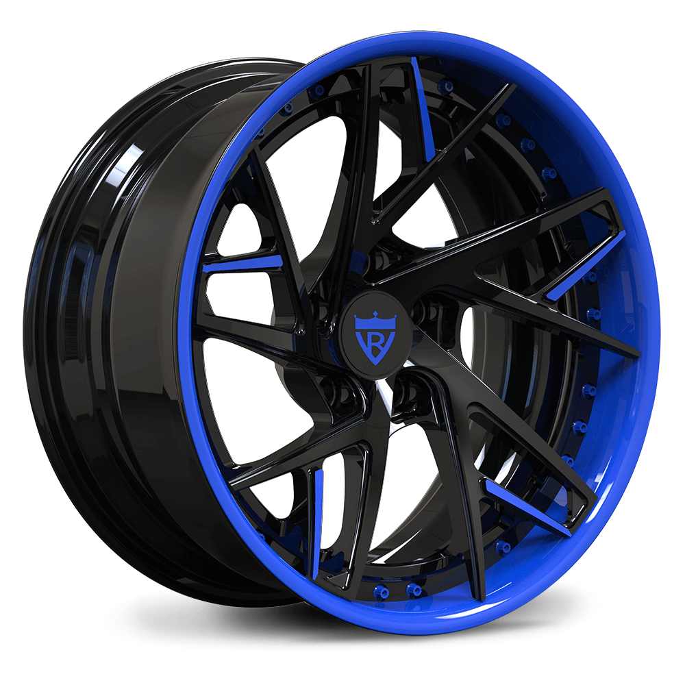 Custom forged 2-piece black and blue wheels designed for high performance, ideal for Corvette C8 and other vehicles.