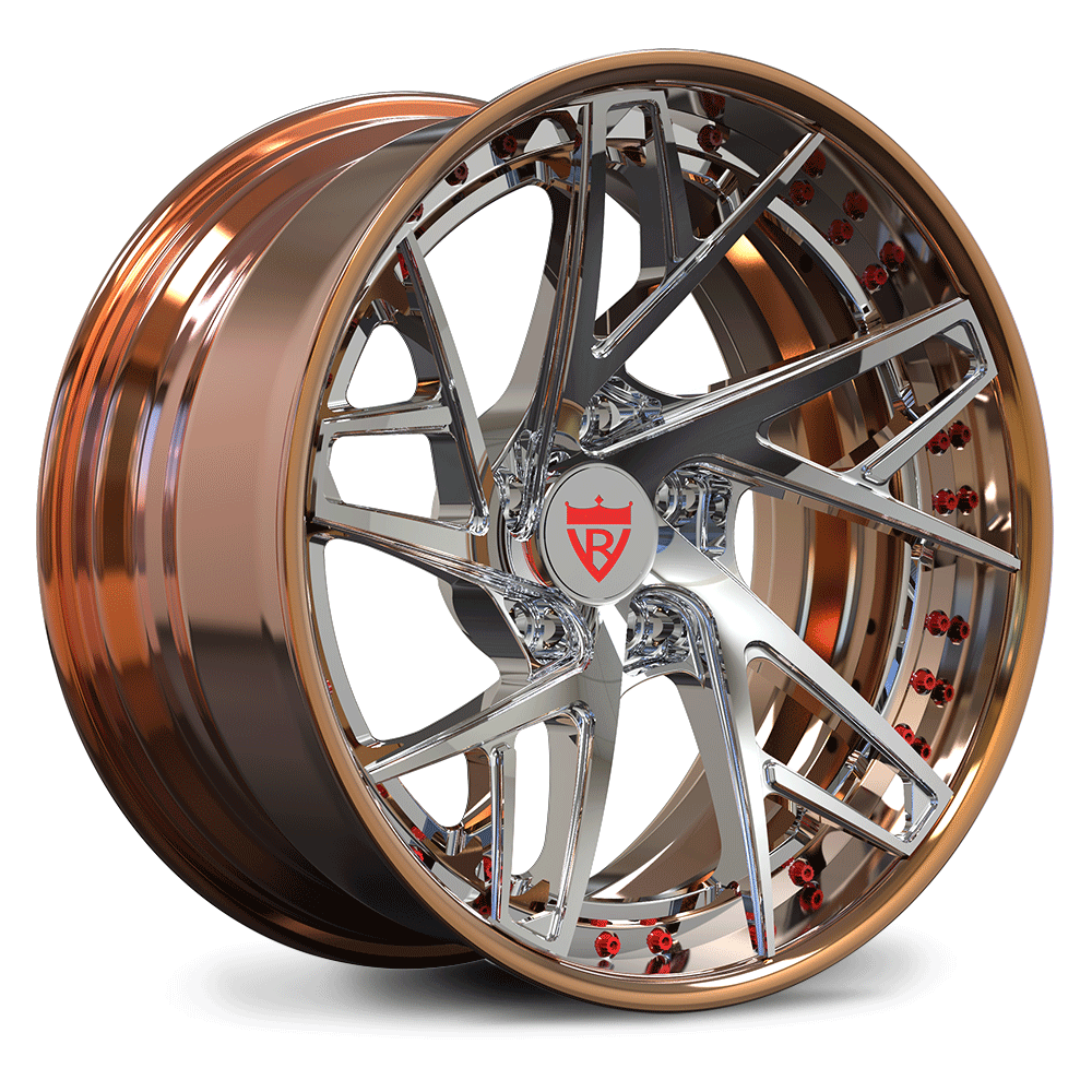 Custom forged 2-piece orange wheels RV-DS74, ideal for Corvette C8 and aftermarket rims, showcasing unique design and concavity.