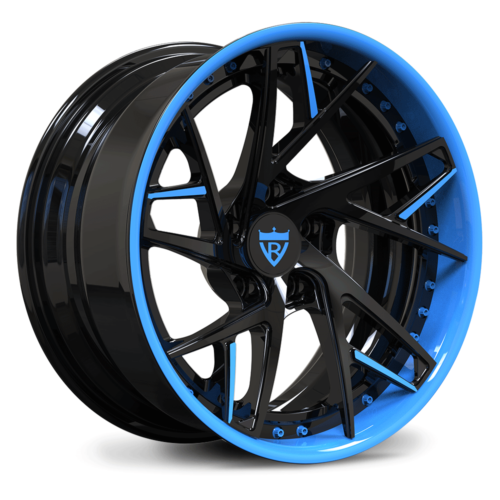 Custom forged 2-piece black and blue wheels with intricate design for Corvette C8 aftermarket rims.