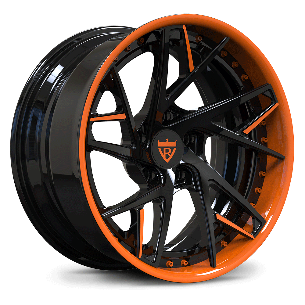 Custom forged 2-piece orange wheels, RV-DS74, designed for Corvette C8, featuring a unique concave style.