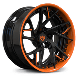 Custom forged 2-piece orange wheels, RV-DS74, designed for Corvette C8, featuring a unique concave style.