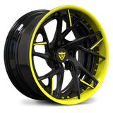 Custom forged 2-piece wheels with black finish and yellow accents, designed for performance vehicles.