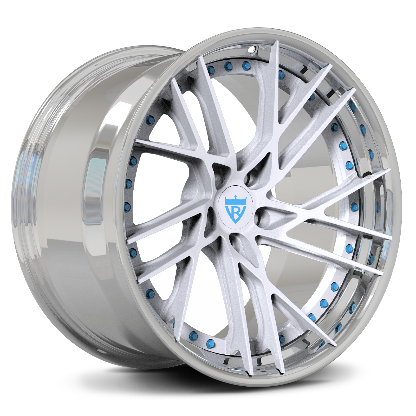Custom forged 2-piece wheels with silver finish and blue accents, perfect for Tesla Model 3 and other vehicles.