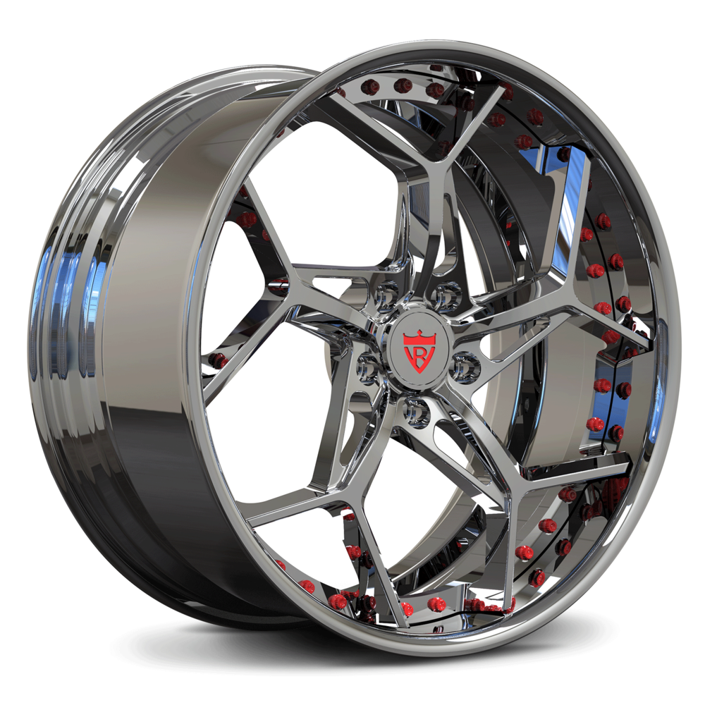 Corvette C8 chrome with red screws rims with OEM Specs, 19x8.5/20x11 setup, RVRN custom forged 2-piece wheels RV-DV03 series